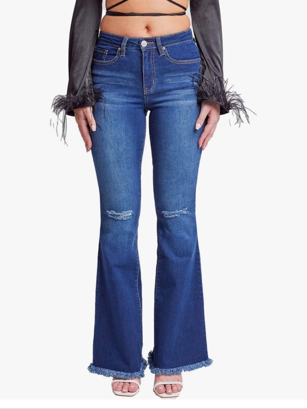 Womens Jeans High-Rise Flare Jean with Frayed Hem - Long Inseam